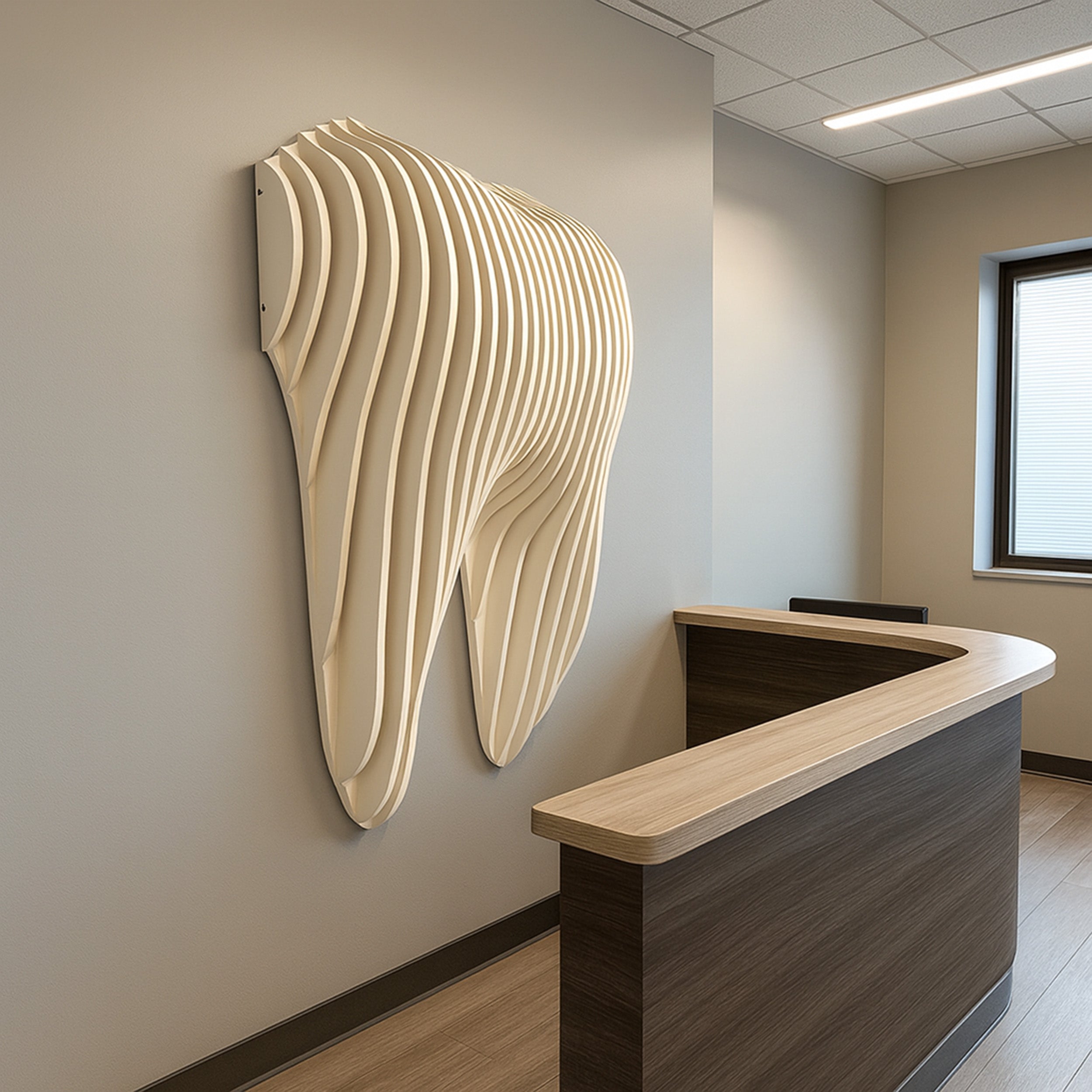 Wooden wall art piece on a wall next to a reception desk in an office setting